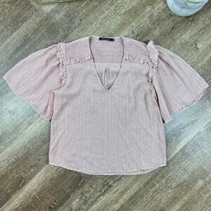 Magali Pascal Pink Shimmery Flowy Top Ruffle Sleeves